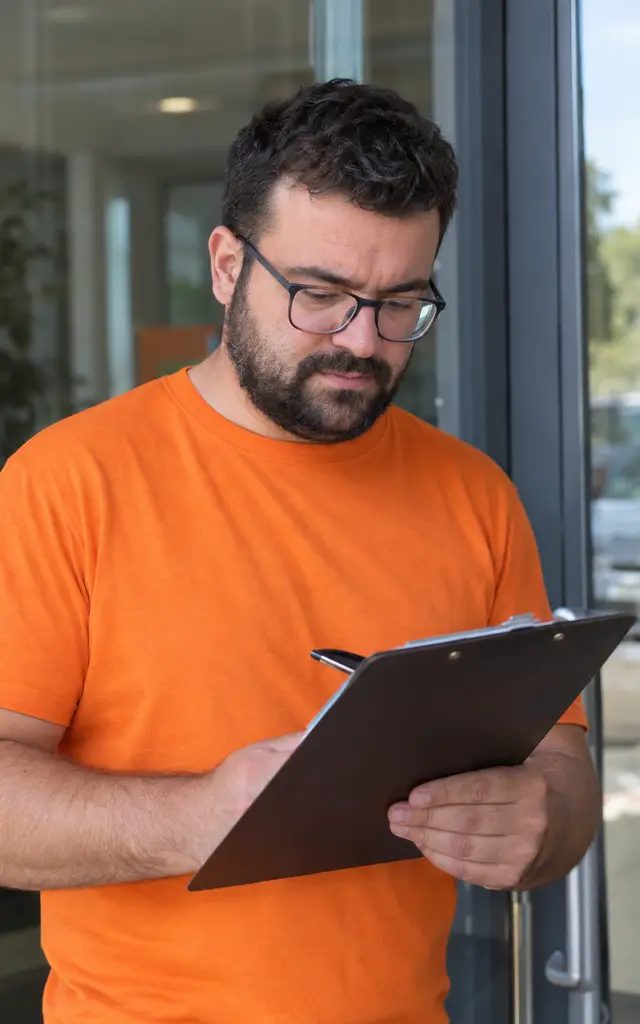 Responsável de sala de t-shirt laranja a consultar uma prancheta à porta do salão