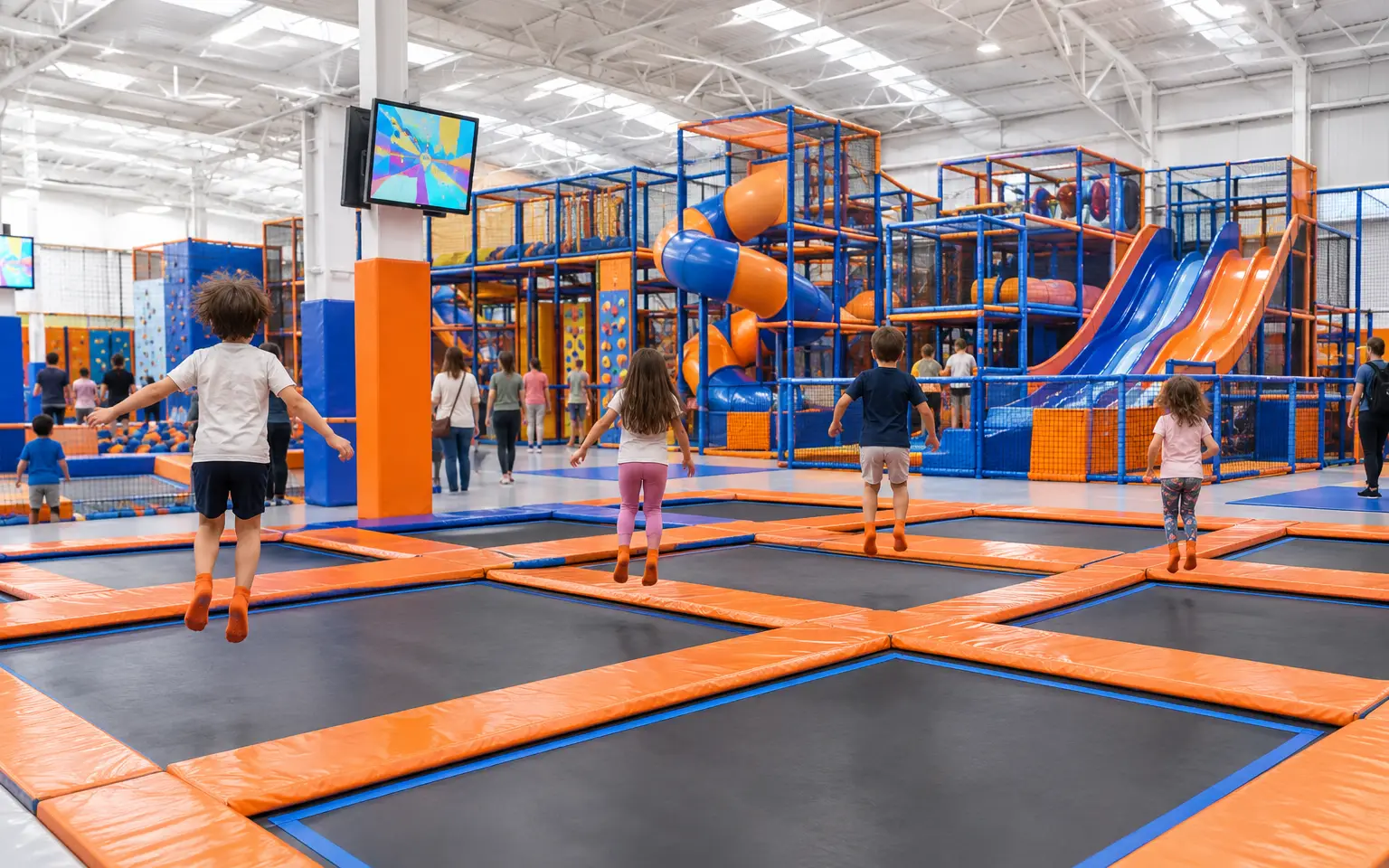 Crianças nos trampolins com o labirinto de três pisos atrás